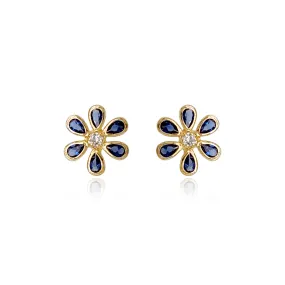 14k Gold Sapphire CZ Flower Stud Earrings