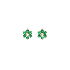 14k Prong Emerald & Diamond Center Tiny Flower Studs