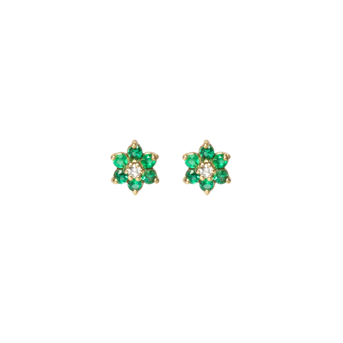 14k Prong Emerald & Diamond Center Tiny Flower Studs