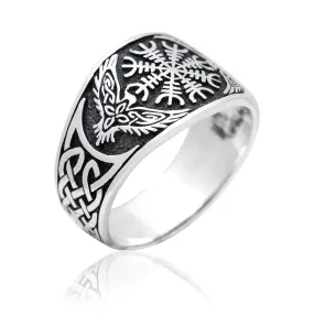 925 Sterling Silver Helm of Awe and Raven Ring