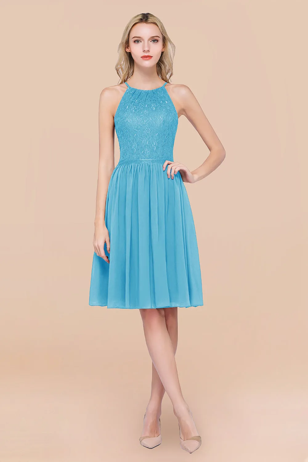 A-line Chiffon Lace Jewel Sleeveless Short Bridesmaid Dresses with Ruffles