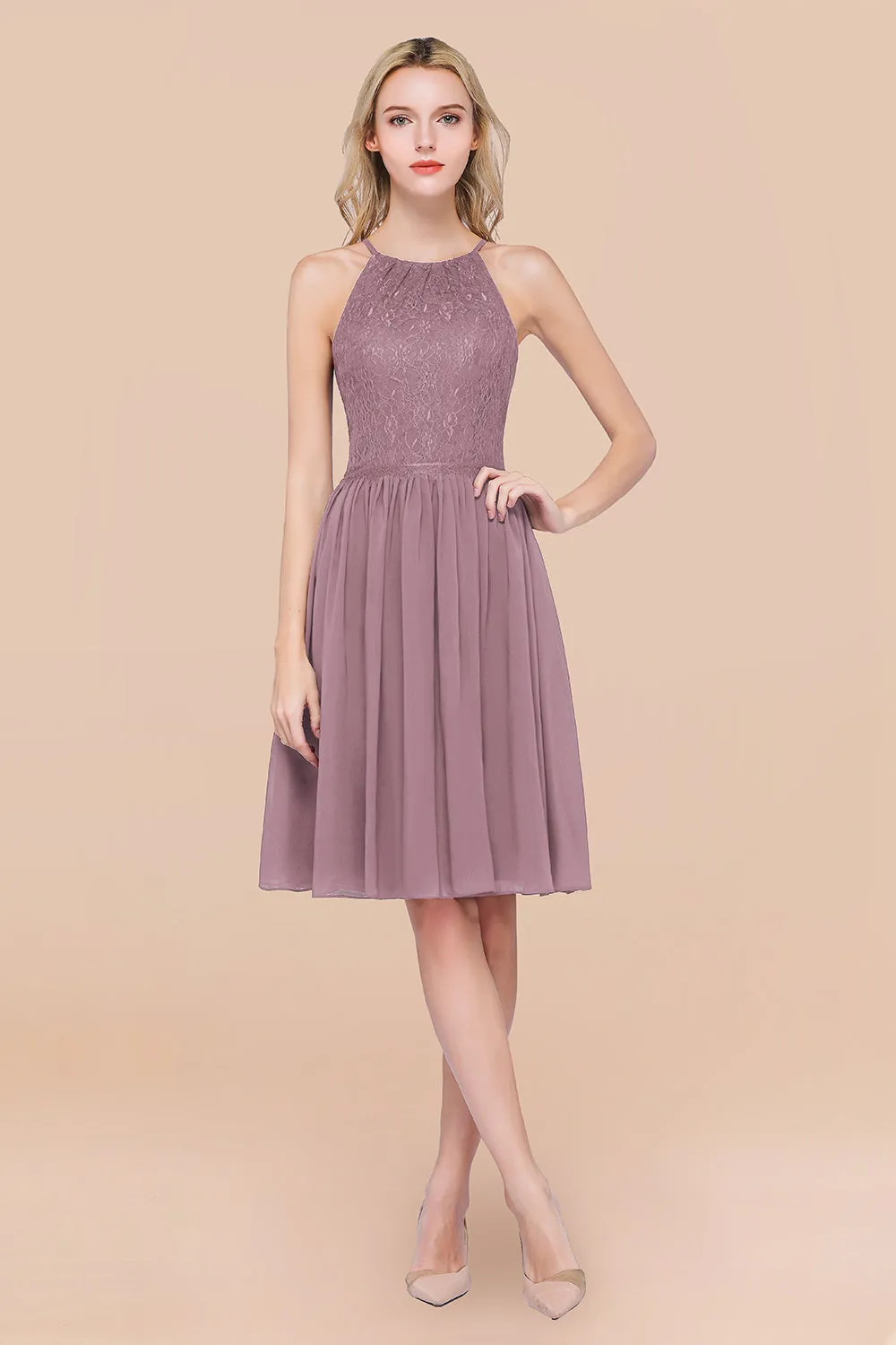 A-line Chiffon Lace Jewel Sleeveless Short Bridesmaid Dresses with Ruffles