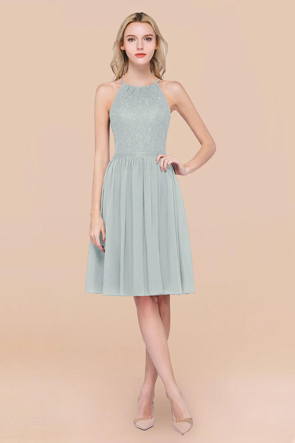 A-line Chiffon Lace Jewel Sleeveless Short Bridesmaid Dresses with Ruffles