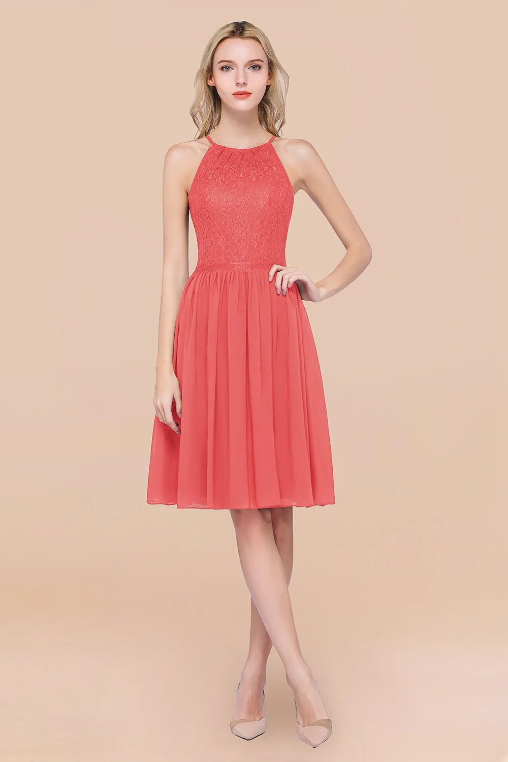 A-line Chiffon Lace Jewel Sleeveless Short Bridesmaid Dresses with Ruffles