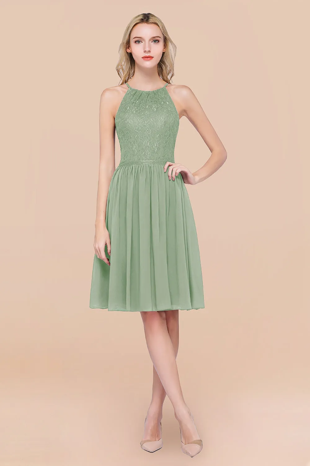 A-line Chiffon Lace Jewel Sleeveless Short Bridesmaid Dresses with Ruffles