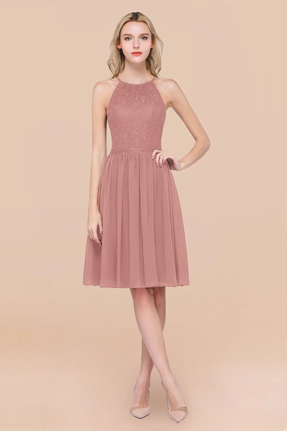 A-line Chiffon Lace Jewel Sleeveless Short Bridesmaid Dresses with Ruffles