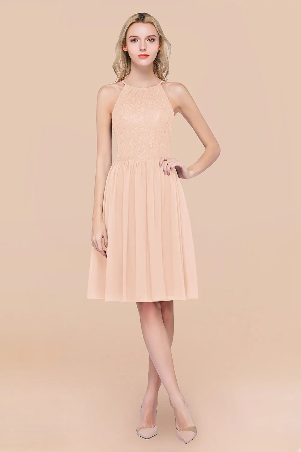 A-line Chiffon Lace Jewel Sleeveless Short Bridesmaid Dresses with Ruffles