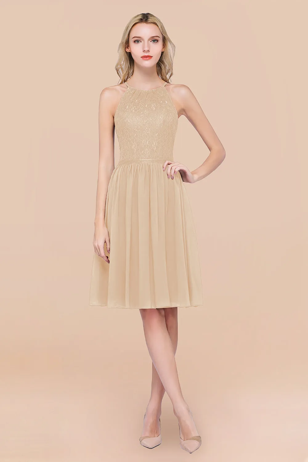 A-line Chiffon Lace Jewel Sleeveless Short Bridesmaid Dresses with Ruffles