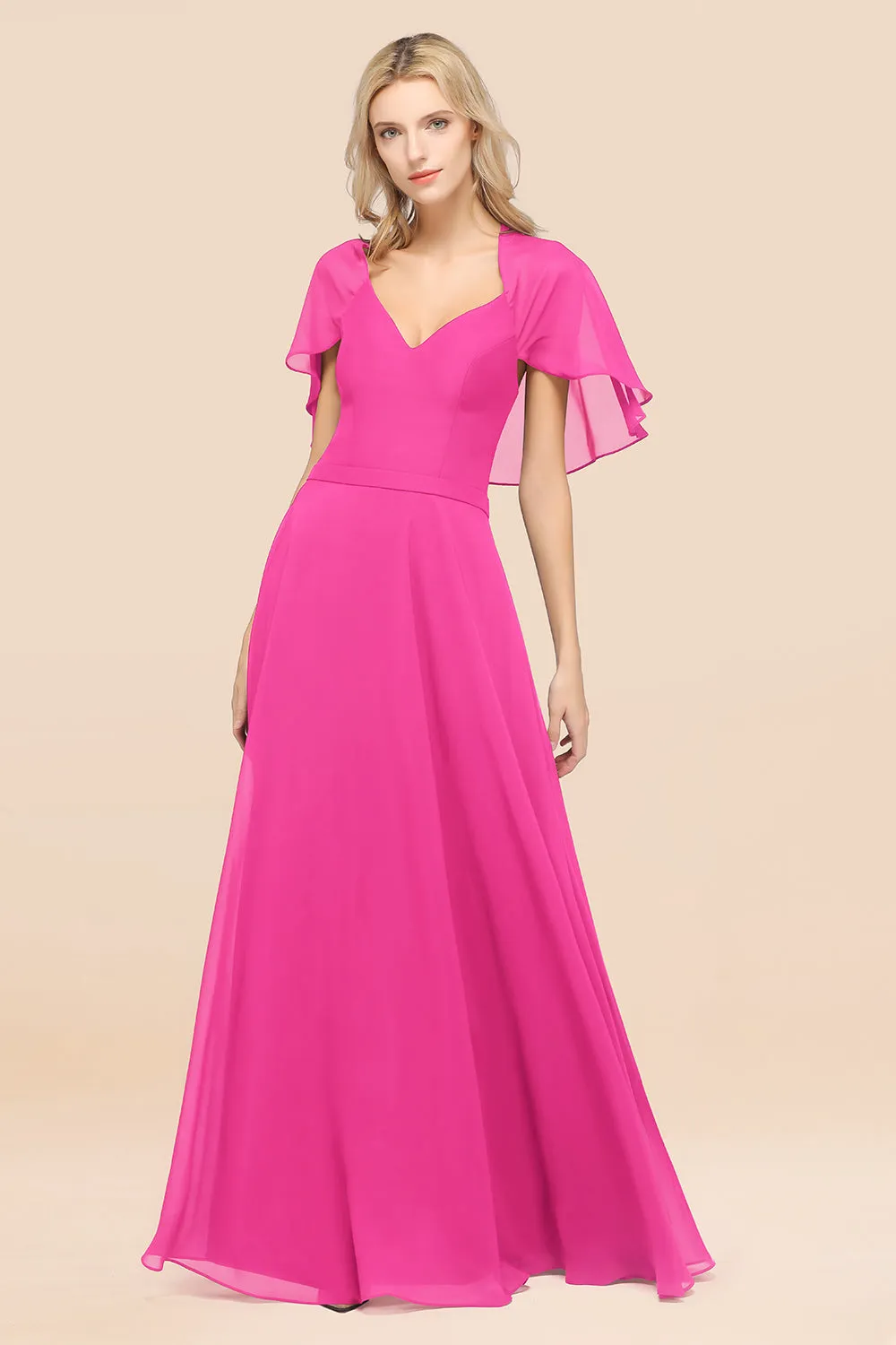 A-Line Chiffon Satin V-Neck Long Bridesmaid Dress with Sleeves