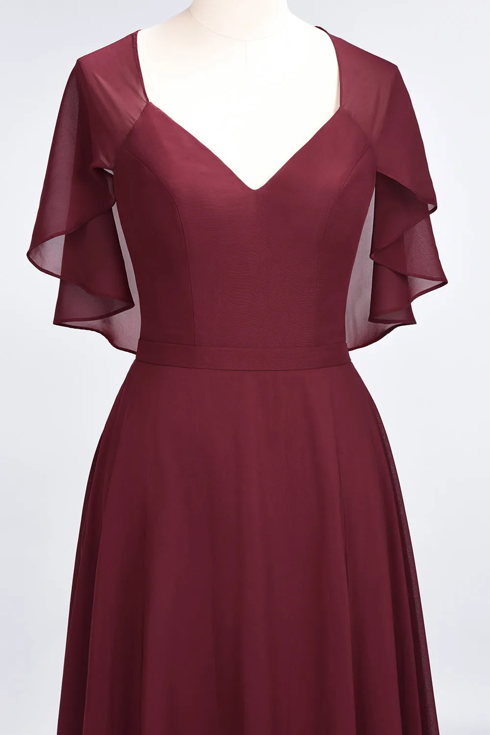 A-Line Chiffon Satin V-Neck Long Bridesmaid Dress with Sleeves