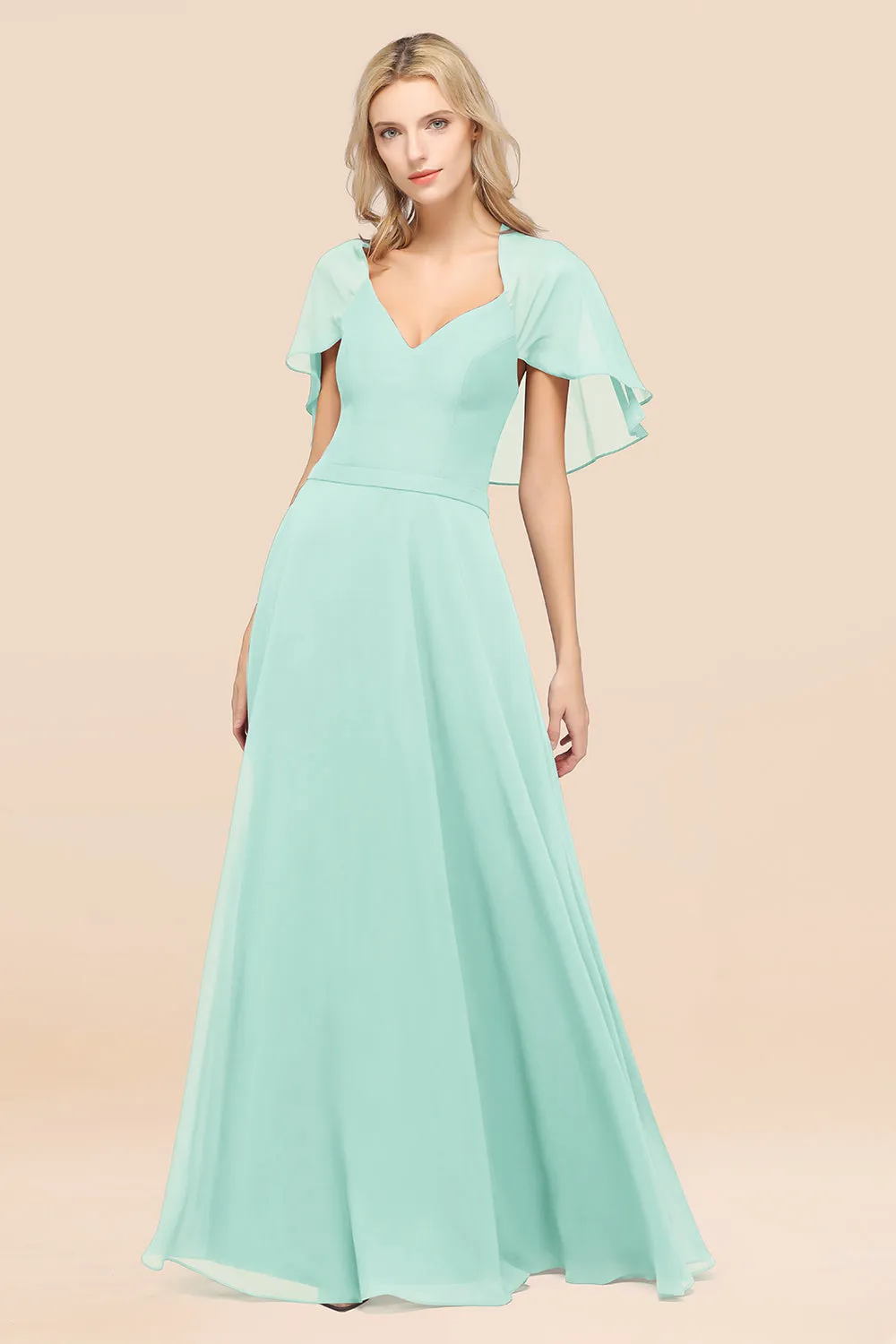 A-Line Chiffon Satin V-Neck Long Bridesmaid Dress with Sleeves