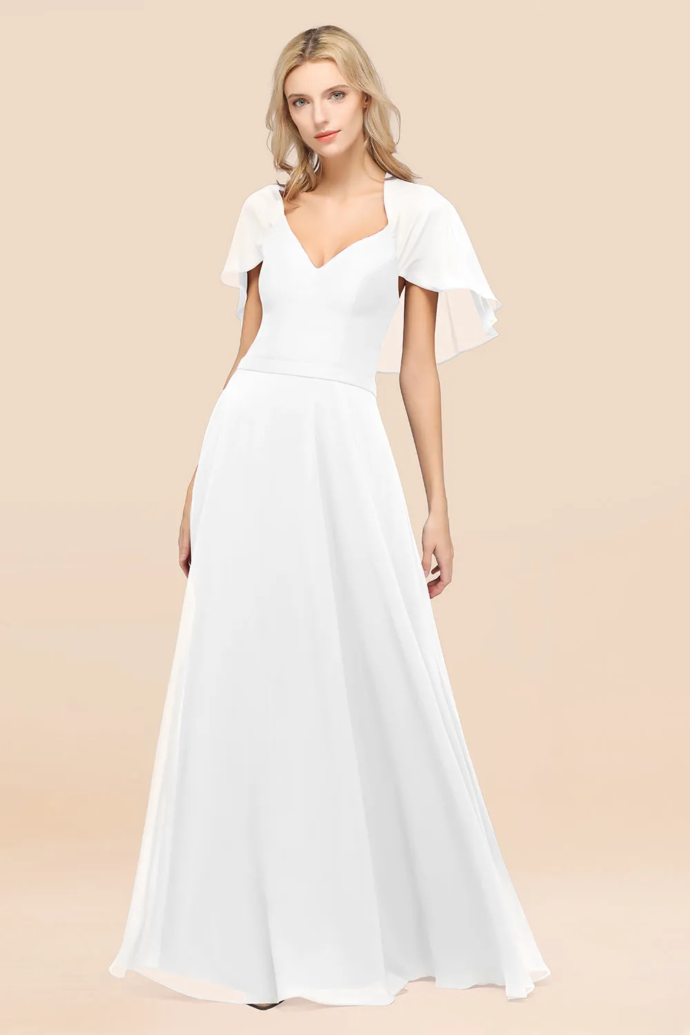 A-Line Chiffon Satin V-Neck Long Bridesmaid Dress with Sleeves