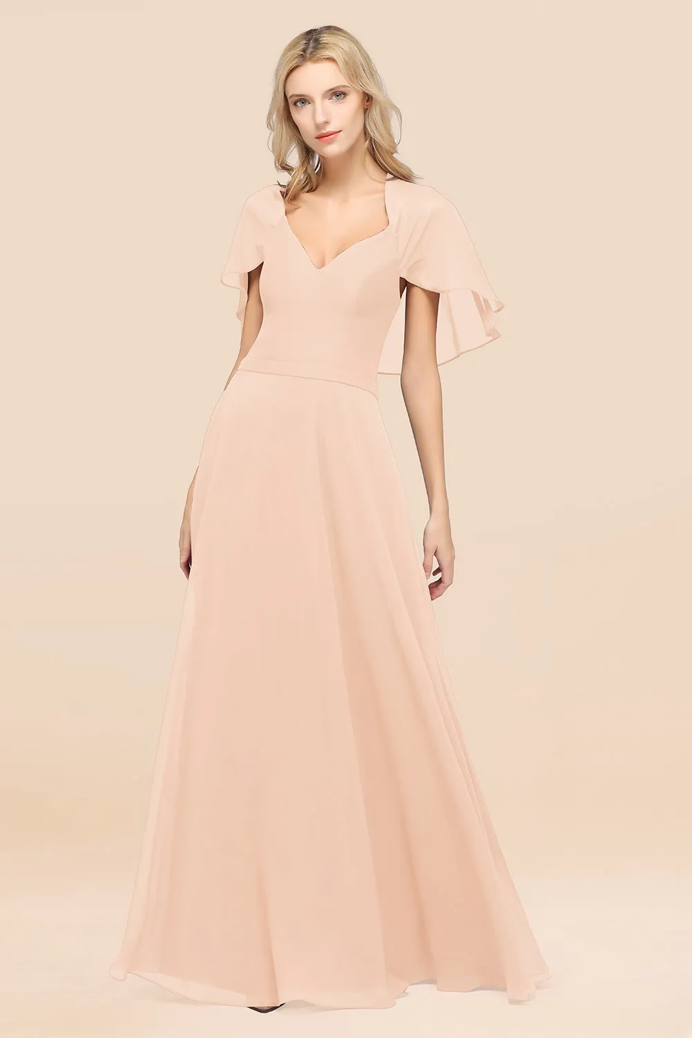 A-Line Chiffon Satin V-Neck Long Bridesmaid Dress with Sleeves