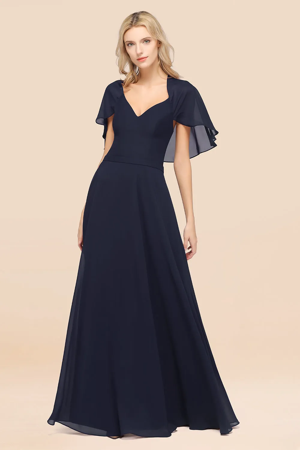 A-Line Chiffon Satin V-Neck Long Bridesmaid Dress with Sleeves