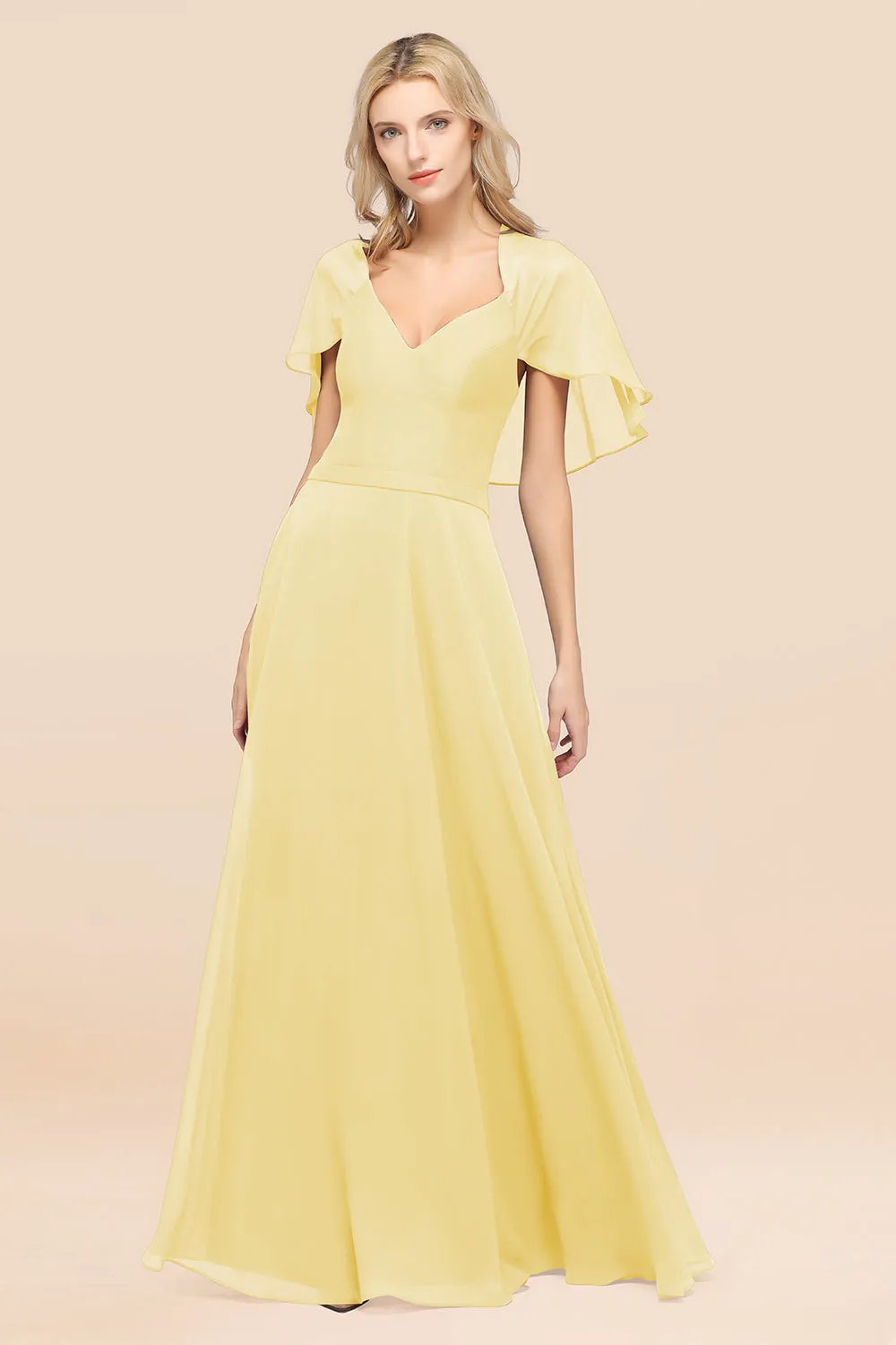 A-Line Chiffon Satin V-Neck Long Bridesmaid Dress with Sleeves