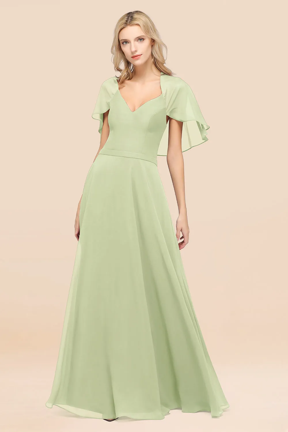 A-Line Chiffon Satin V-Neck Long Bridesmaid Dress with Sleeves