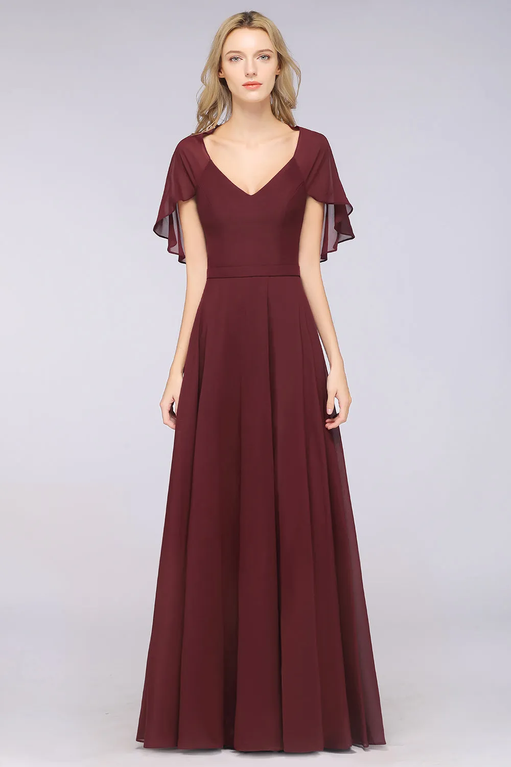 A-Line Chiffon Satin V-Neck Long Bridesmaid Dress with Sleeves