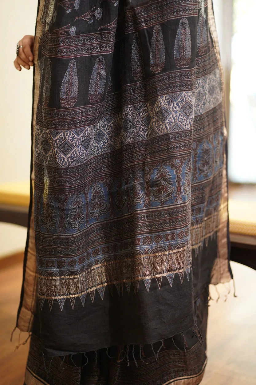 Ajrakh Hand Block Printed Linen Saree