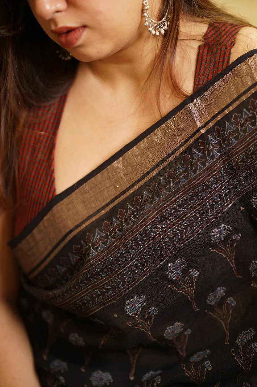 Ajrakh Hand Block Printed Linen Saree