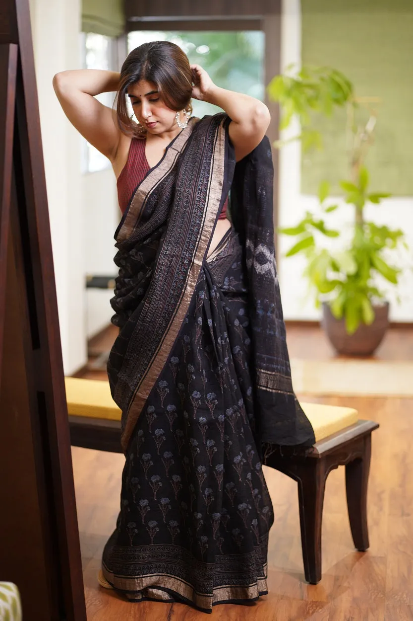 Ajrakh Hand Block Printed Linen Saree