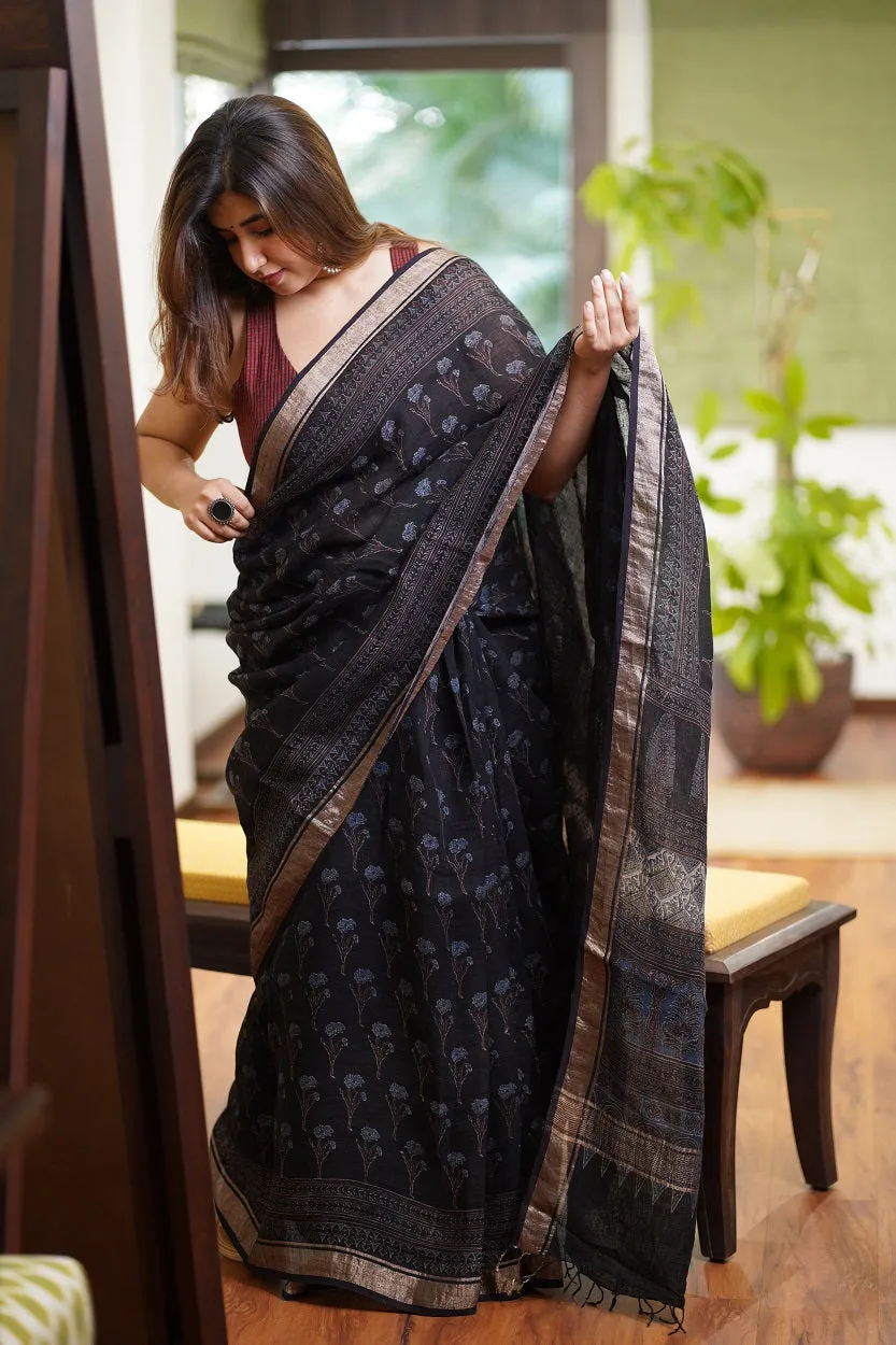 Ajrakh Hand Block Printed Linen Saree