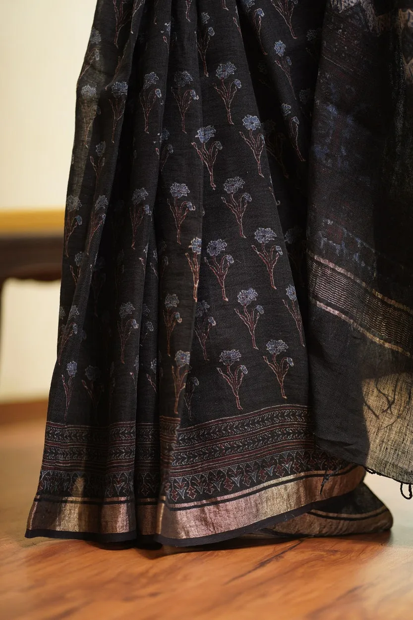 Ajrakh Hand Block Printed Linen Saree