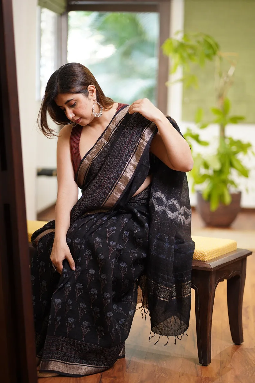 Ajrakh Hand Block Printed Linen Saree