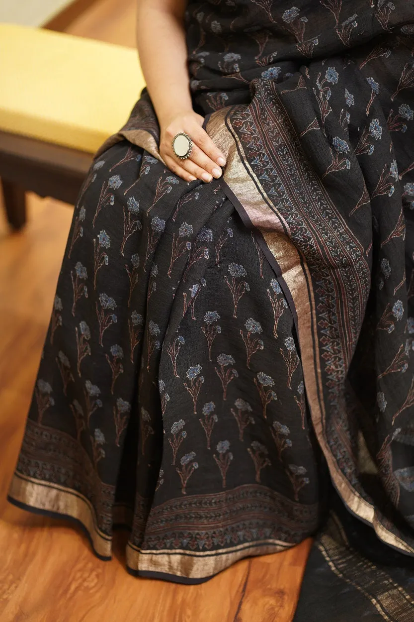 Ajrakh Hand Block Printed Linen Saree