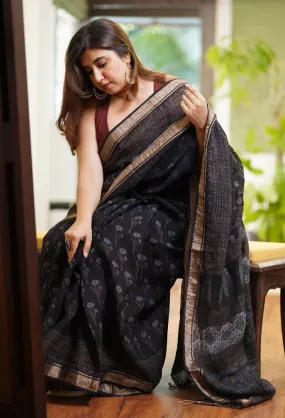 Ajrakh Hand Block Printed Linen Saree