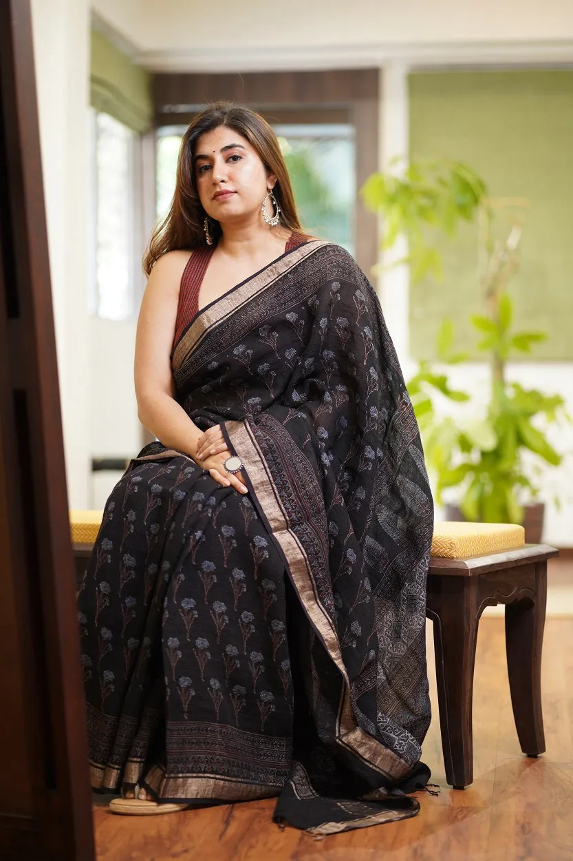 Ajrakh Hand Block Printed Linen Saree