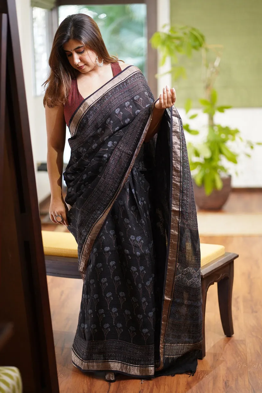 Ajrakh Hand Block Printed Linen Saree