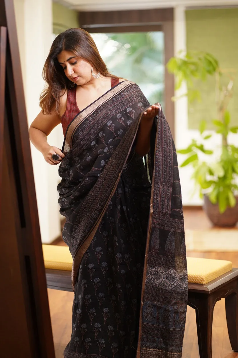 Ajrakh Hand Block Printed Linen Saree