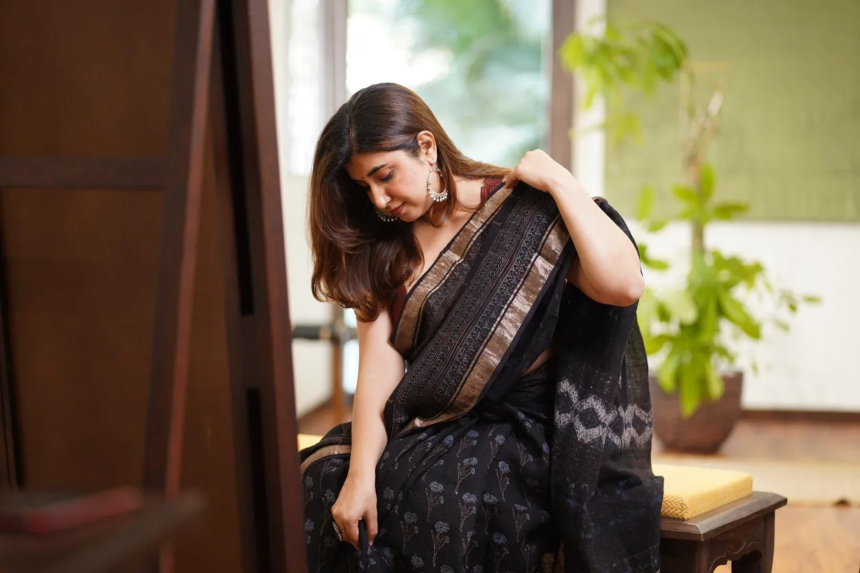 Ajrakh Hand Block Printed Linen Saree