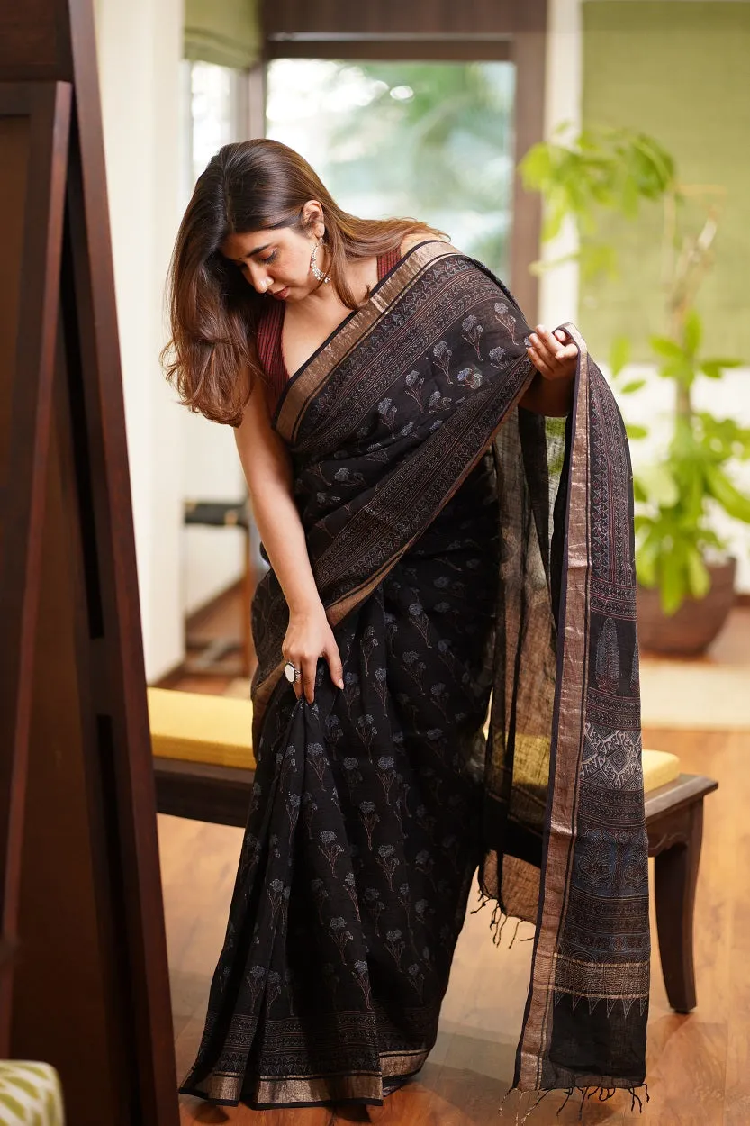 Ajrakh Hand Block Printed Linen Saree