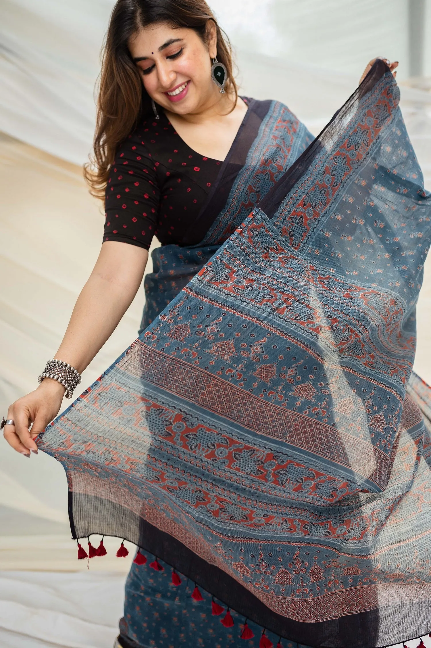 Ajrakh Natural Dyed Kota Doria Saree