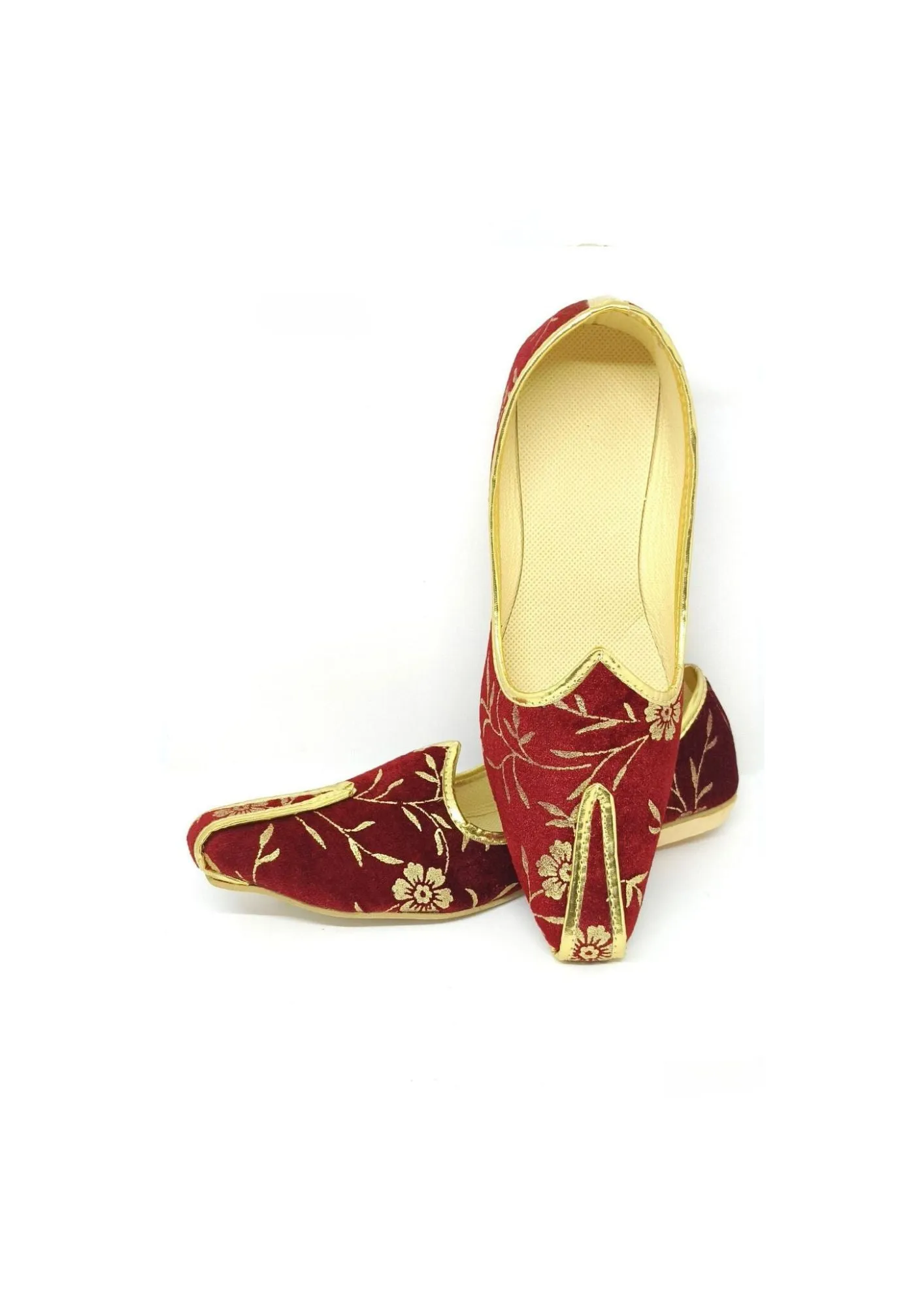 Alluring Maroon Color Golden Velvet Paisley Printed Mojaris For Men