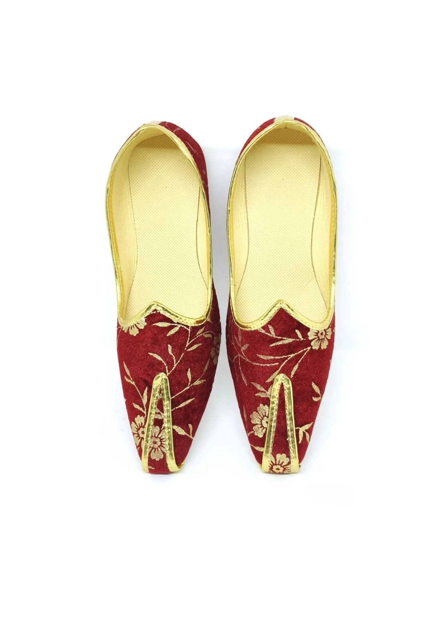 Alluring Maroon Color Golden Velvet Paisley Printed Mojaris For Men