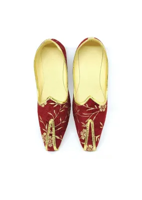 Alluring Maroon Color Golden Velvet Paisley Printed Mojaris For Men