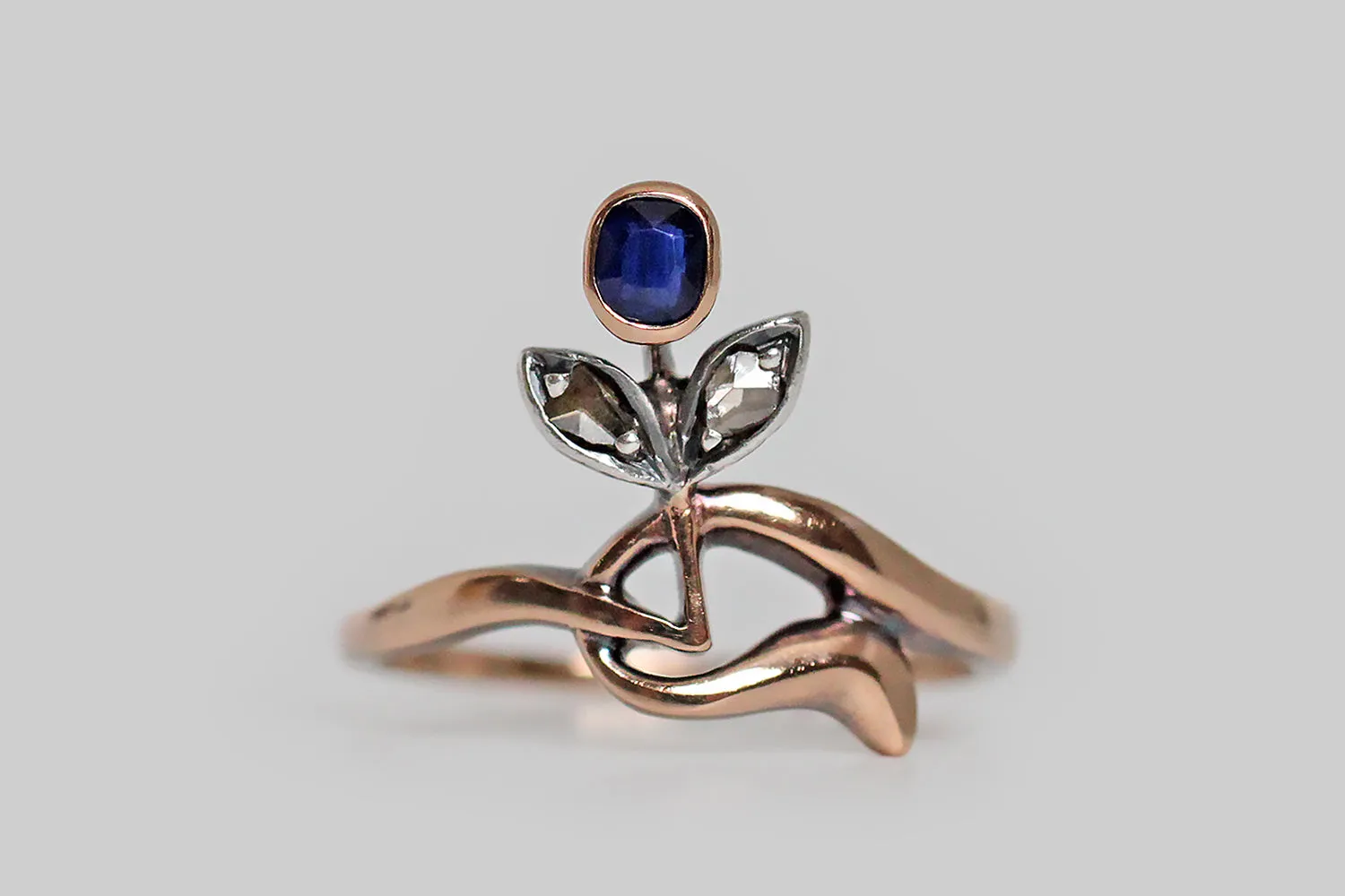 Art Nouveau Era Flower Bud Ring with Sapphire & Rose Cut Diamonds in 14k Gold