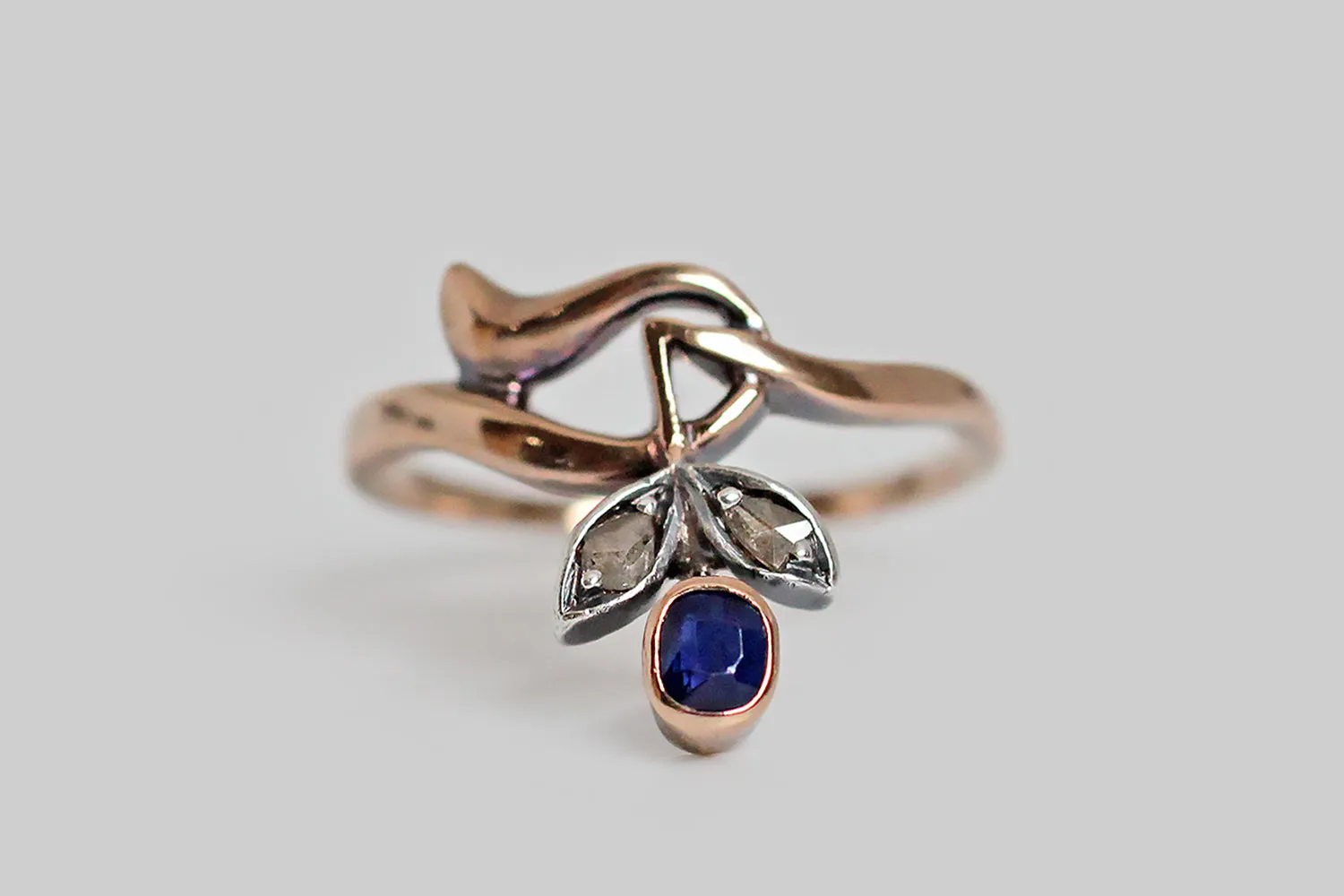 Art Nouveau Era Flower Bud Ring with Sapphire & Rose Cut Diamonds in 14k Gold