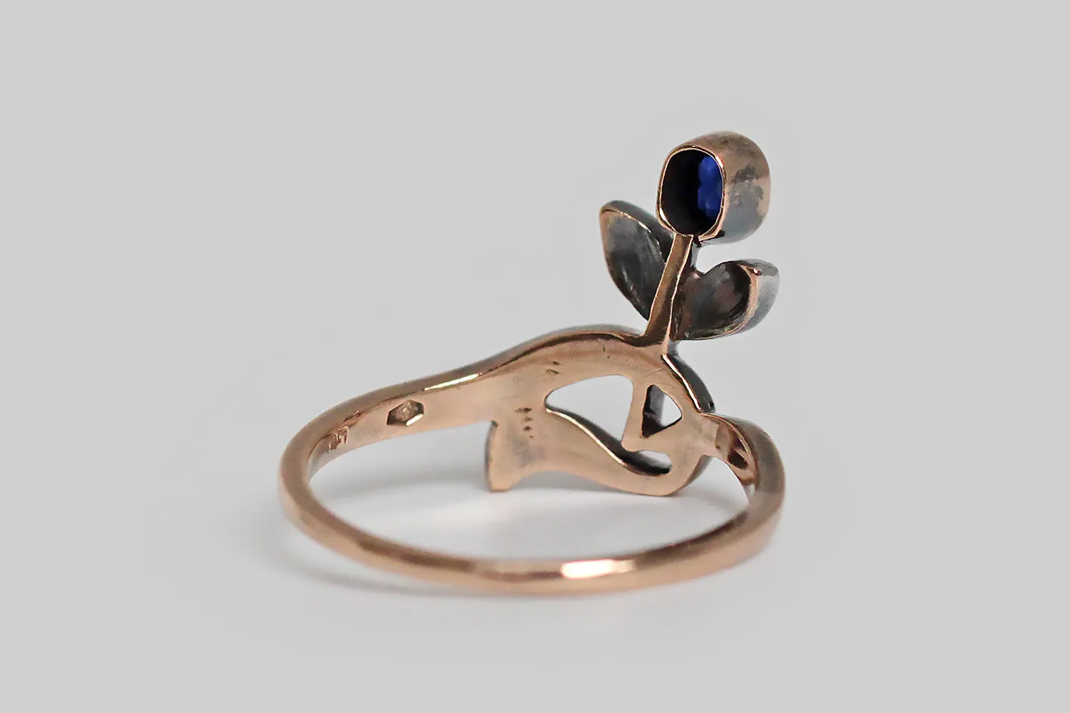 Art Nouveau Era Flower Bud Ring with Sapphire & Rose Cut Diamonds in 14k Gold