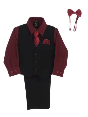 Baby Boys Burgundy Shirt Zipper Tie Bow Tie Pinstripe Vest Pant Set 6-24M