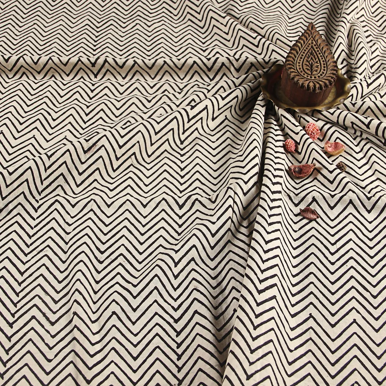 Bagru Black ZigZag Hand Block Printed Cotton Fabric