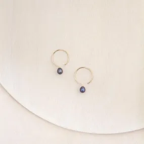 Basic Small Yellow Gold Filled Hoop Earrings with Black Pearl - 13mm