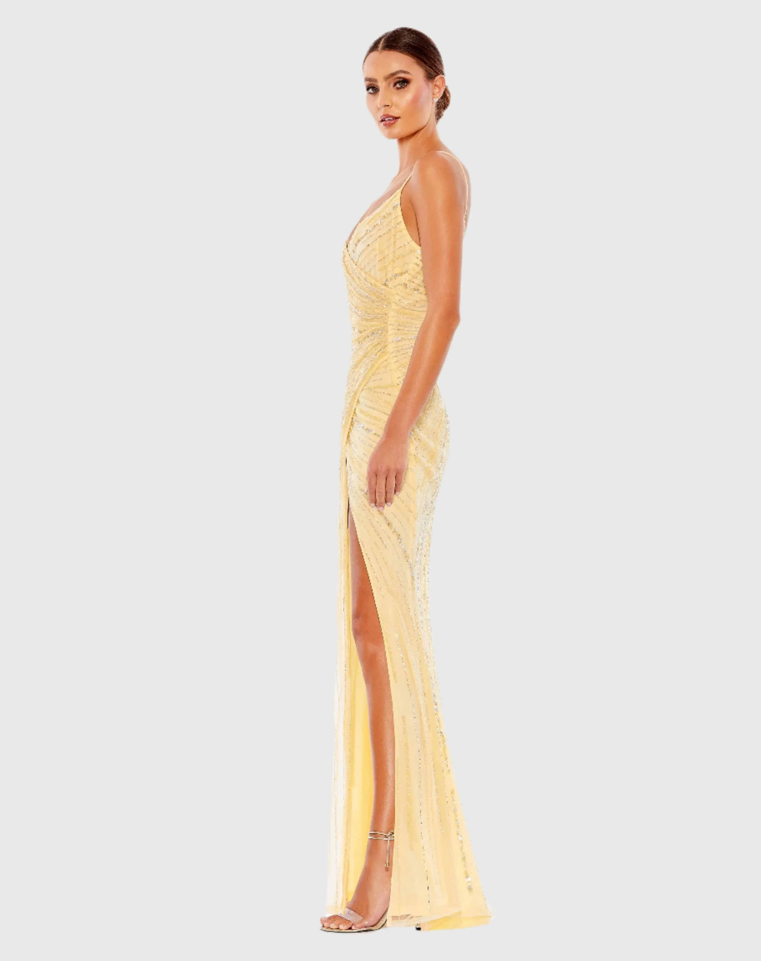 Beaded Sleeveless Faux Wrap Gown