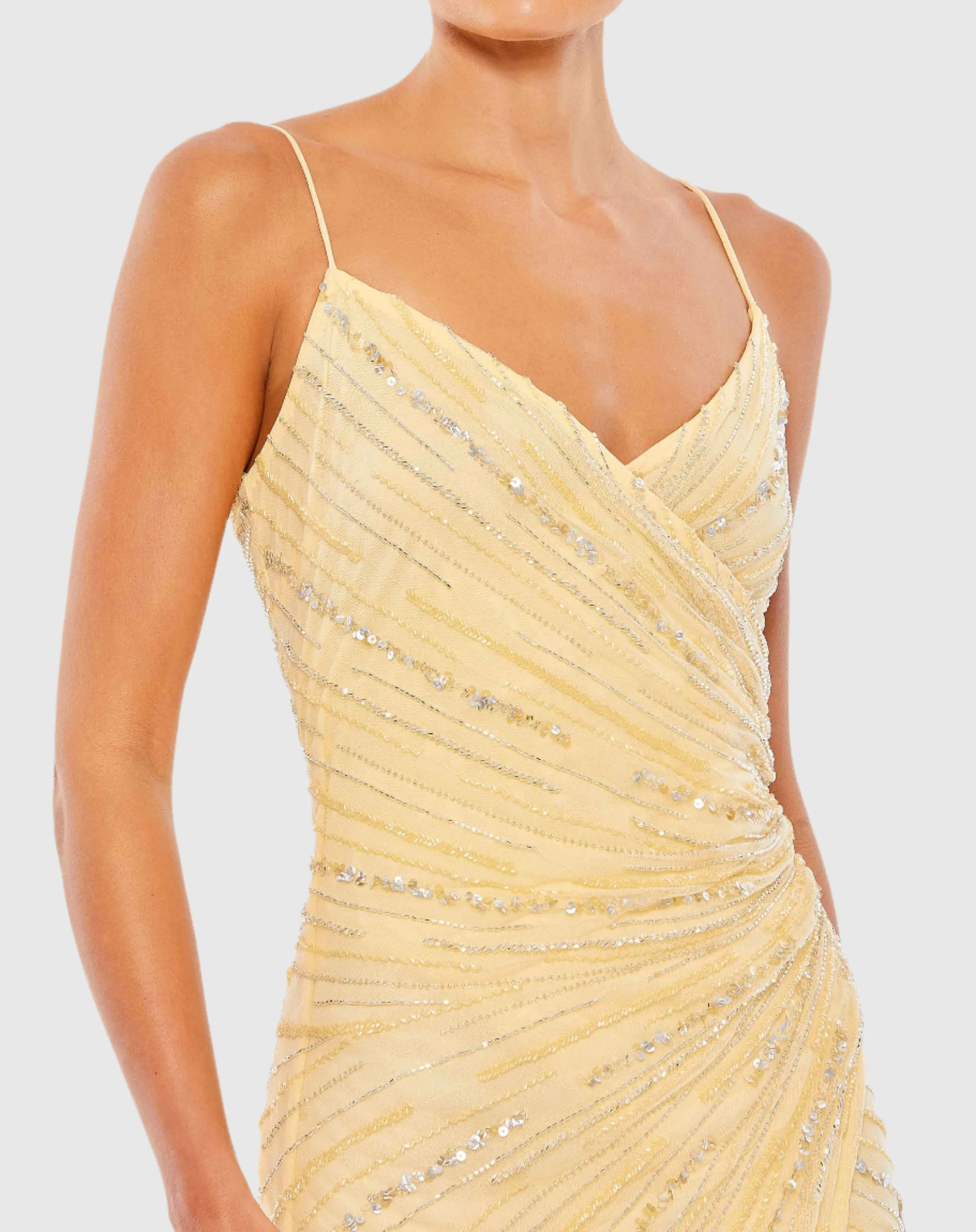 Beaded Sleeveless Faux Wrap Gown