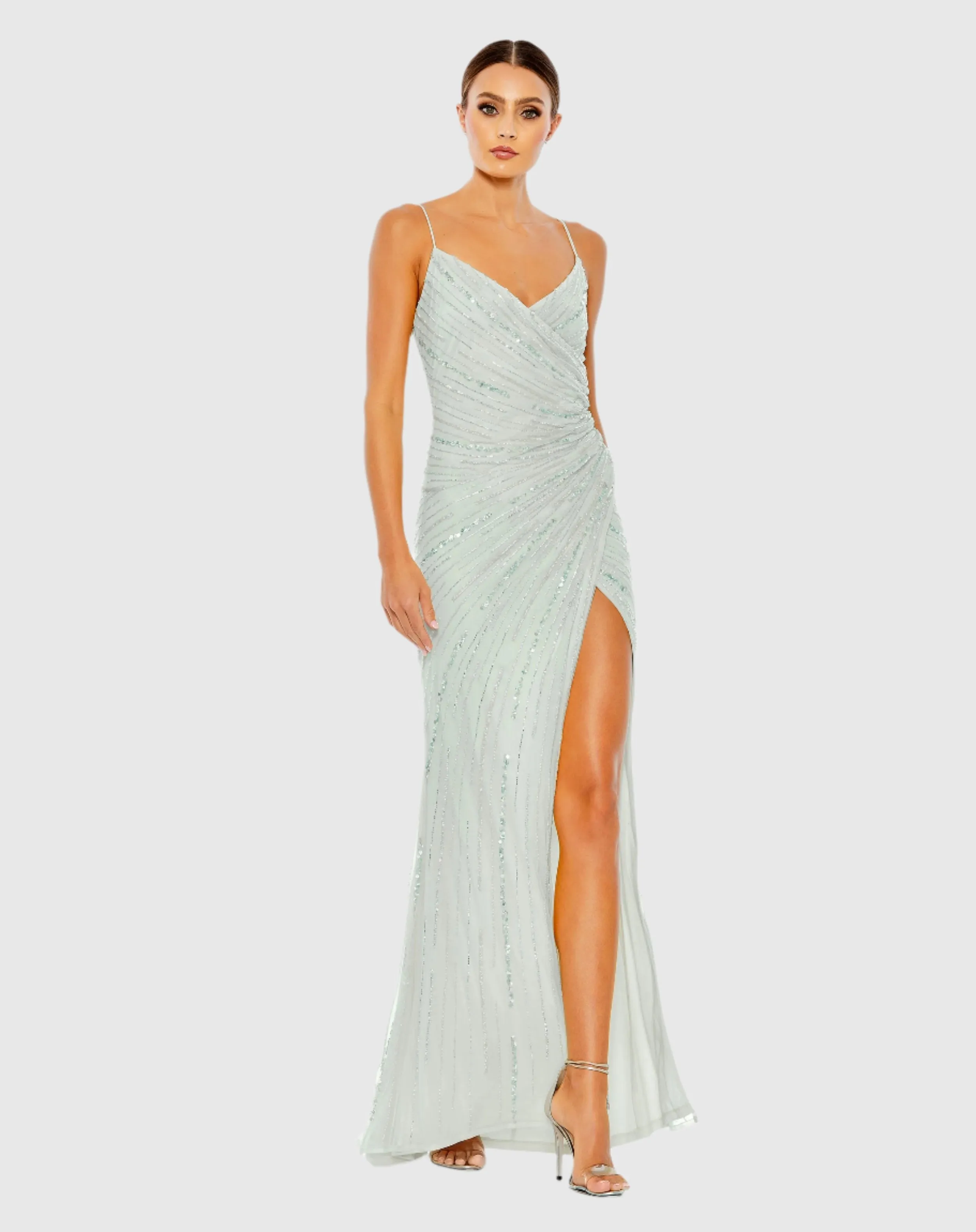 Beaded Sleeveless Faux Wrap Gown