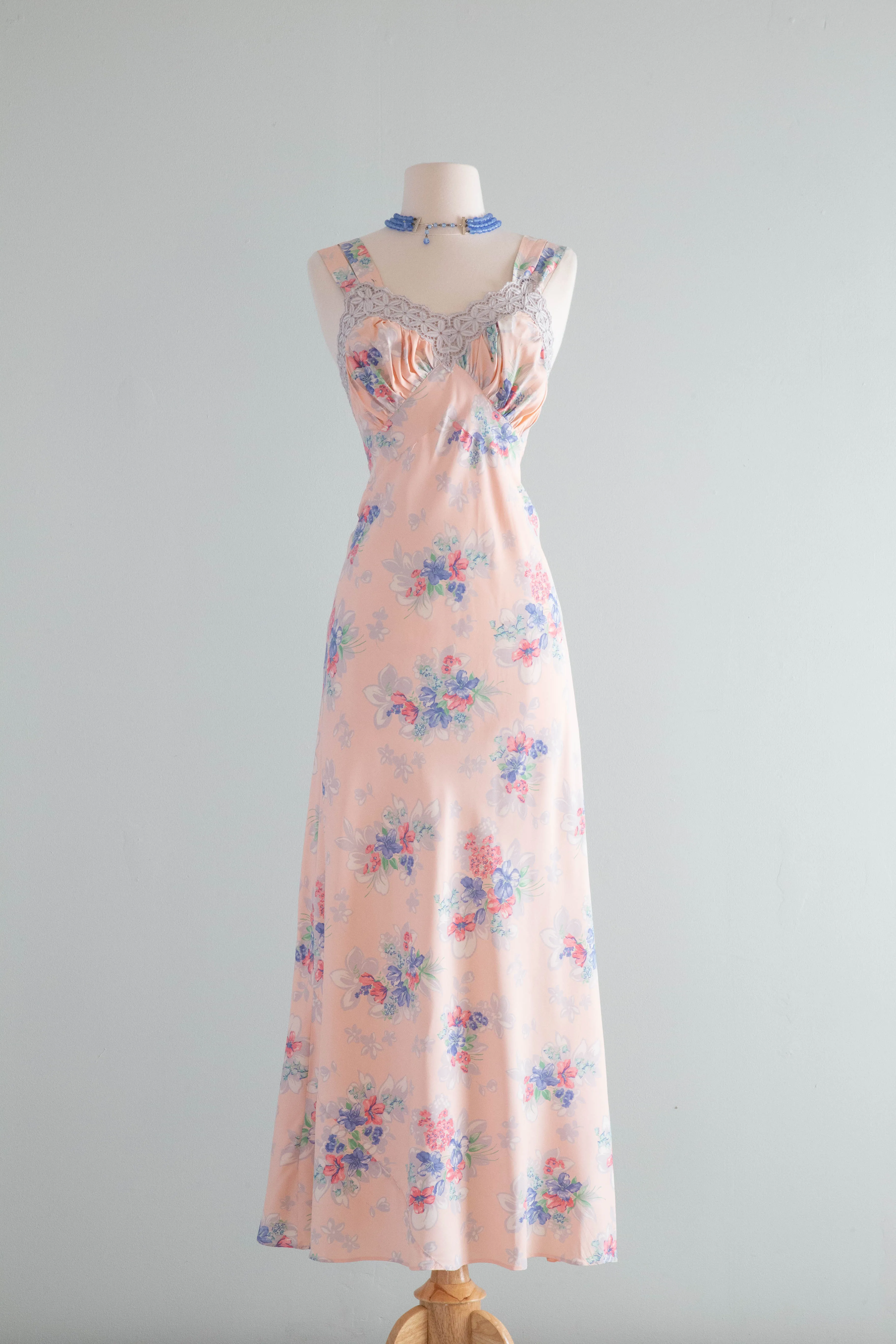 Beautiful 1930's Cold Rayon Bias Cut Floral Print Slip Dress / SM