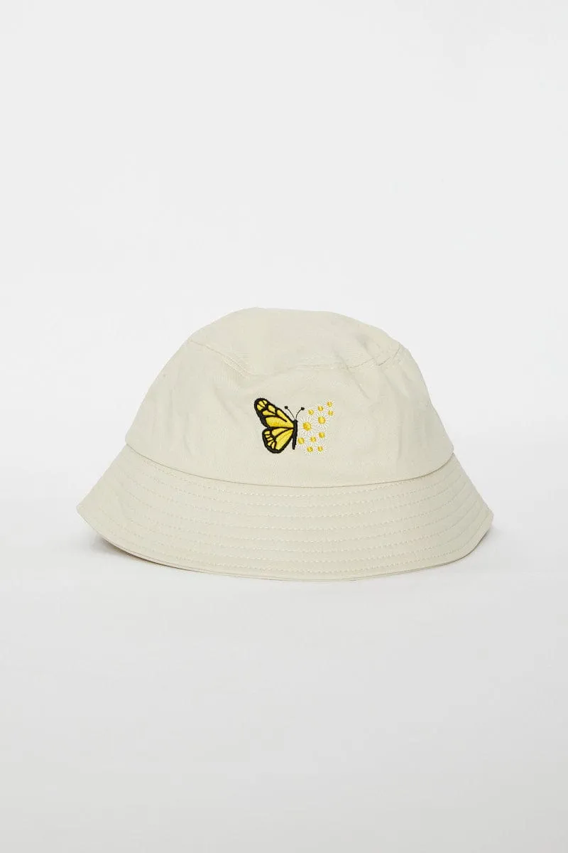 Beige Butterfly & Flower Bucket Hat