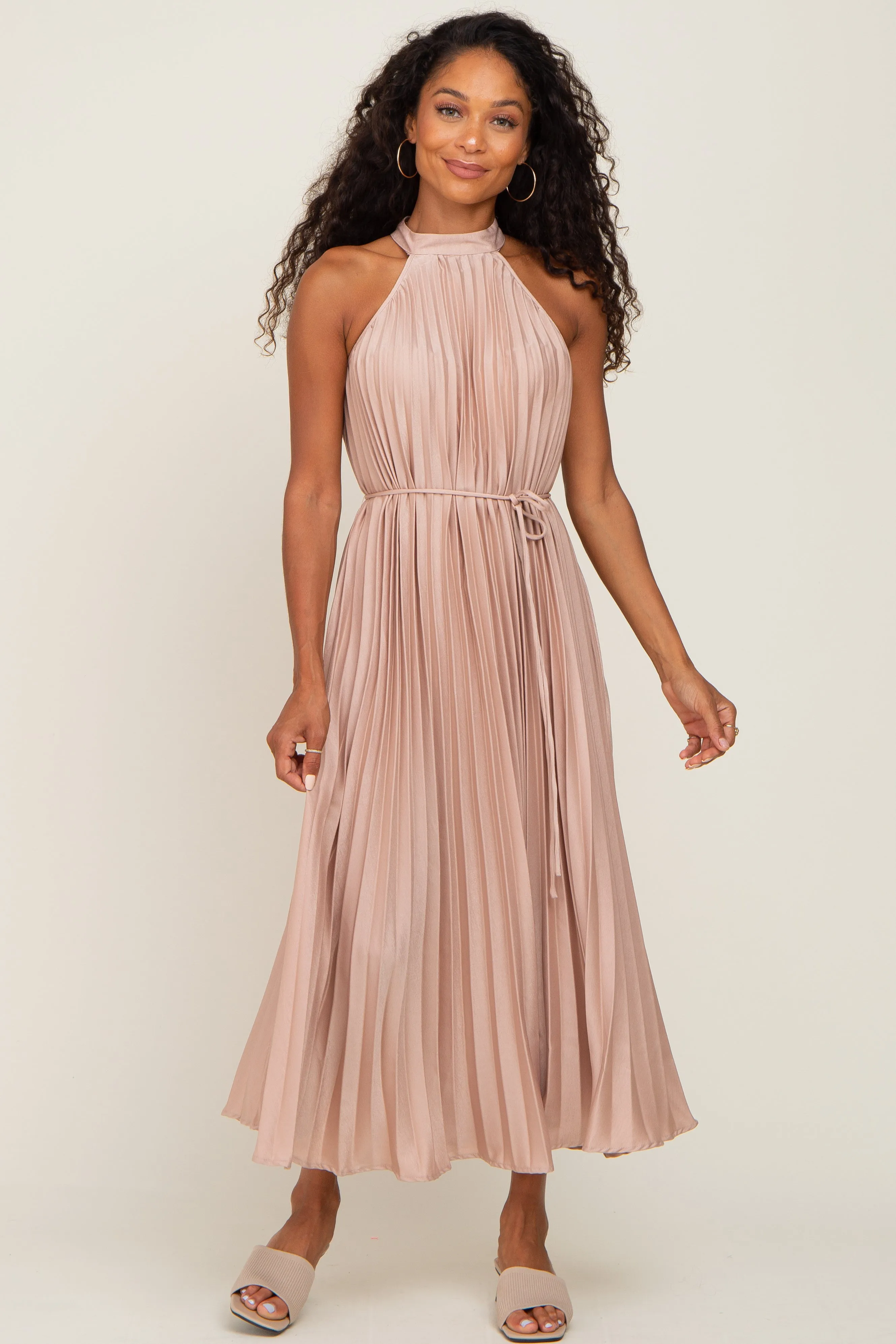 Beige Pleated Maternity Halter Dress